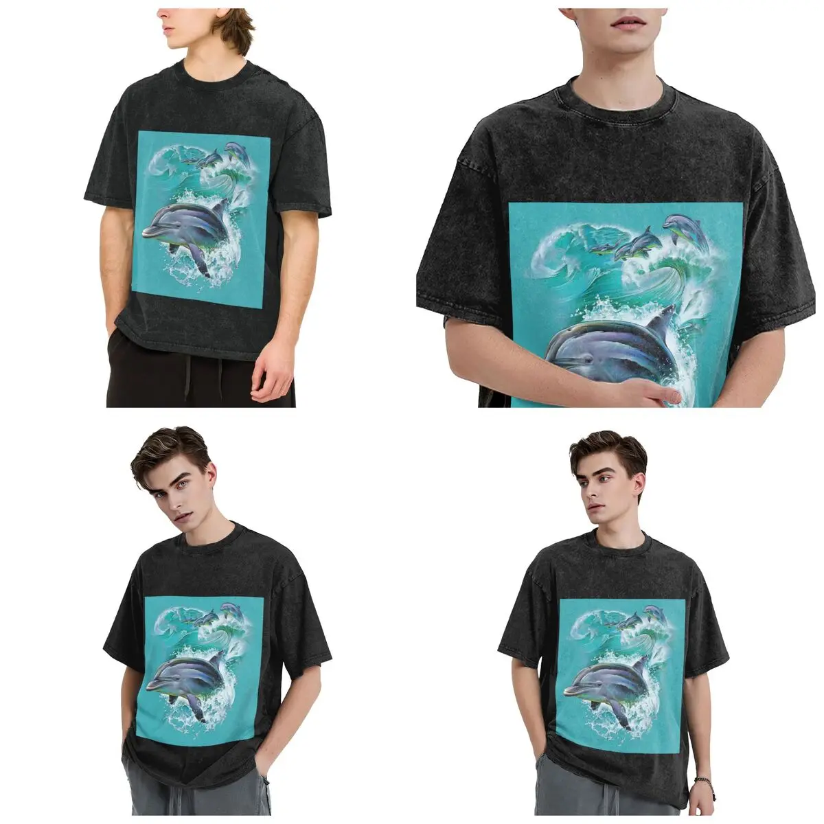 Dolphins Catching Waves Hip Hop Short Sleeve T-Shirts Washed Tops Tees Streetwear T Shirt Vintage for Men woman