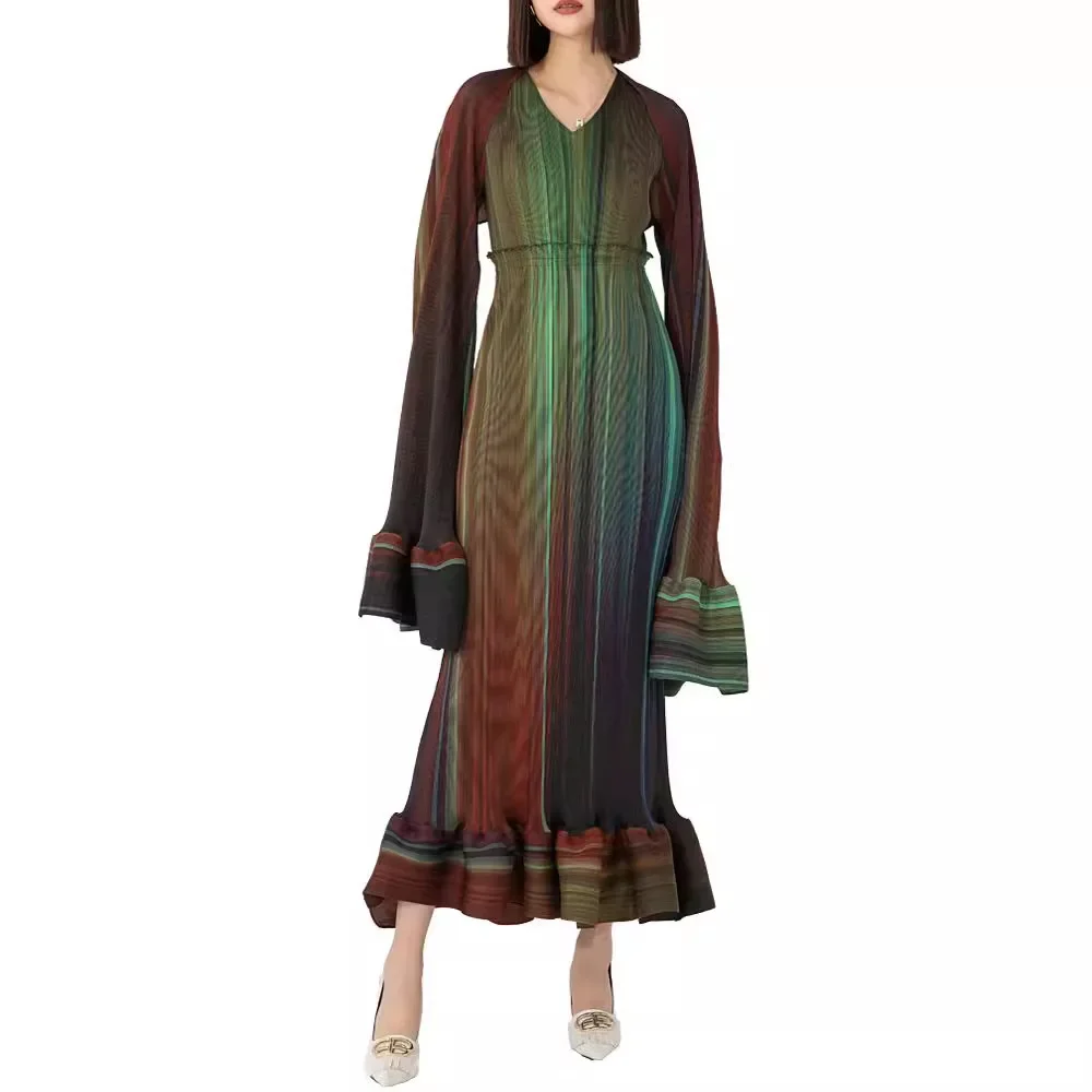 Miyake Pleated Suit Women High-end Spring and Summer New Gradient Color V-neck Inner Long Dress Long-sleeved Outer Two-piece Set