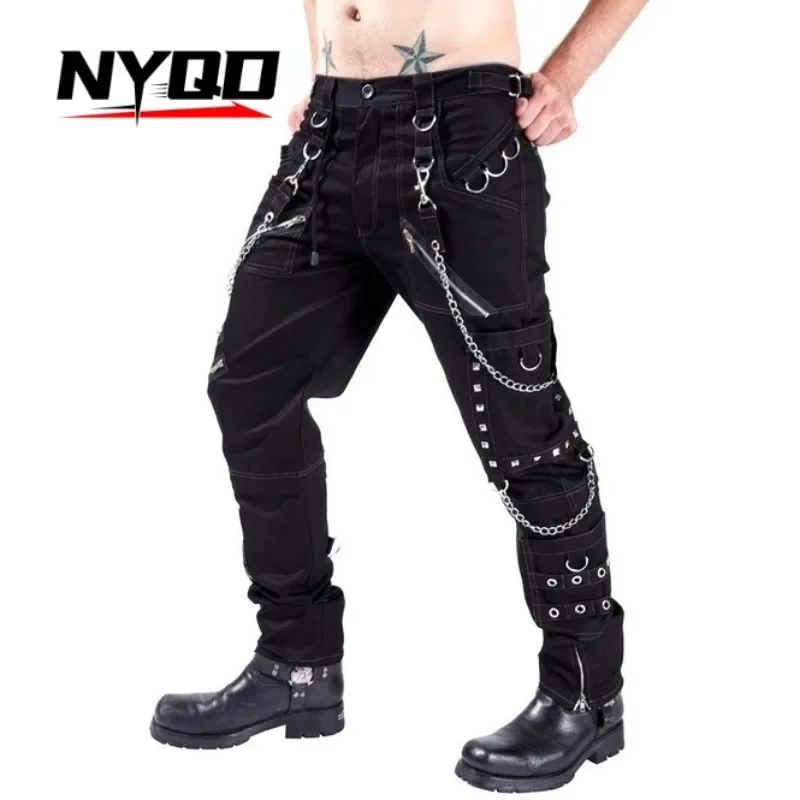 

2025 Men's Hip Hop Rock Punk Gothic Pants Cotton Casual Pants Buckle Zip Chain Strap Trousers Men Streetwear Daily Cargo Pants
