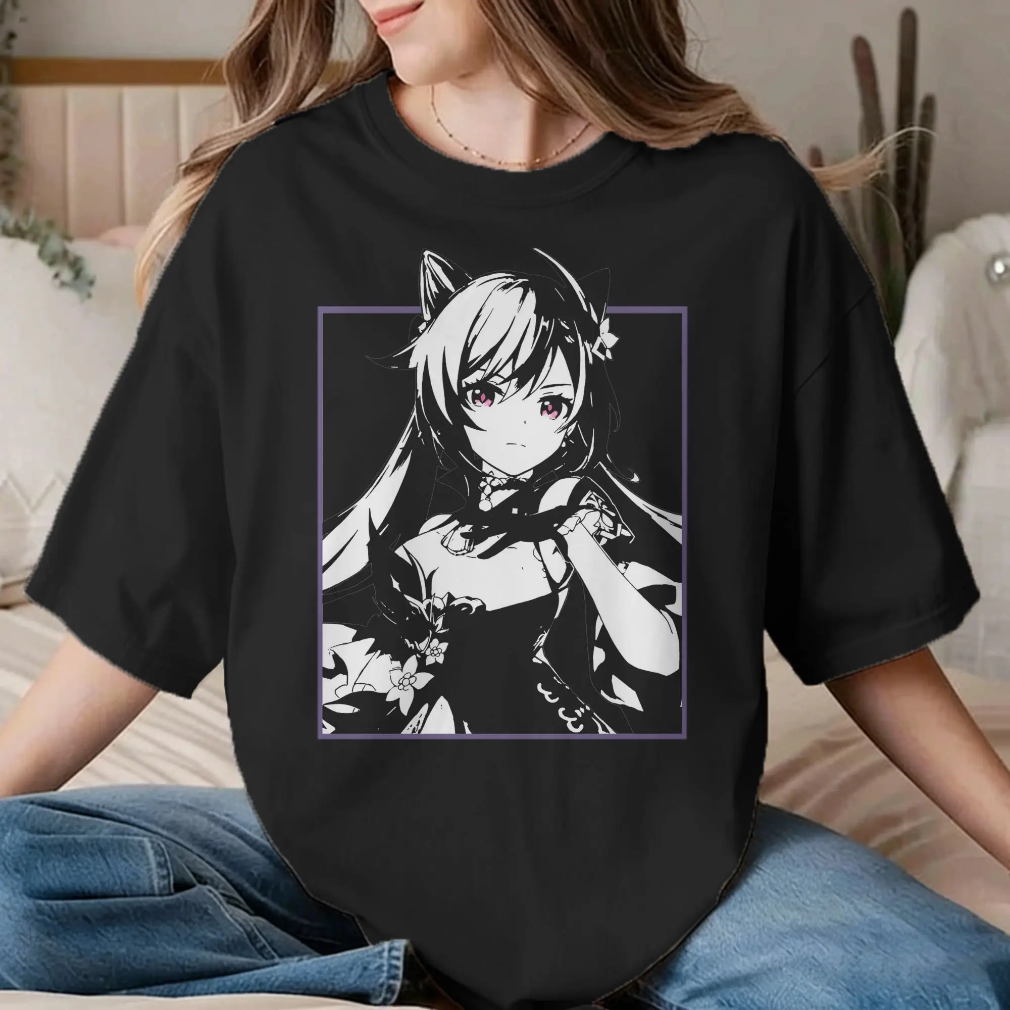 Genshin Impact   Keqing  T Shirt Men Women Pure Cotton Novelty T-Shirts Round Neck  Tees Short Sleeve Clothes Gift Idea