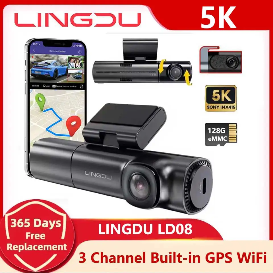 LINGDU Car DVR LD08-3CH 5K Dash Cam 3 Cameras 1080 Rear Cam Recording With GPS ADAS Night Vision WIFI 24H Parking Monitor Car