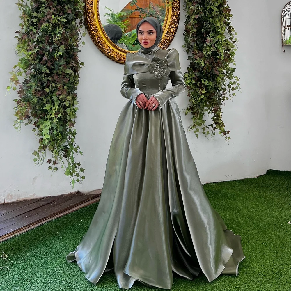 

Vintage Evening Dresses Hijab High Collar Long Sleeve A-Line Muslim Prom Dress Wedding Party Gowns Customized robes de soirée