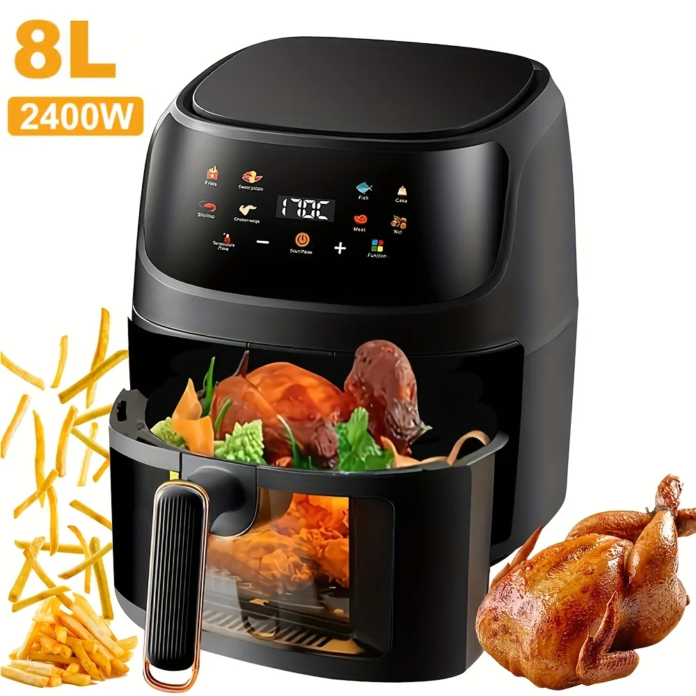 Friggitrice ad aria 2400W 8L, cottura elettrica senza olio con display a LED, 8 modalità, superficie antiaderente, ideale per patatine fritte, pollo, carne, pesce