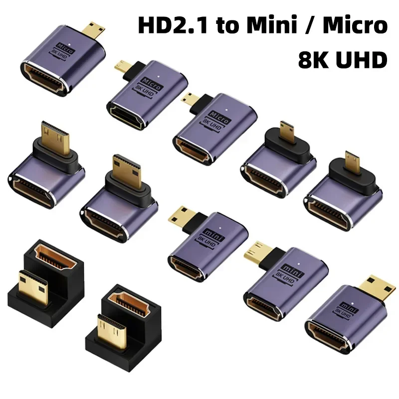 HDMI 호환 어댑터, 90 270 도 직각 암수 변환기, 8K HD 커넥터, 미니 및 마이크로 HDMI 호환 익스텐더