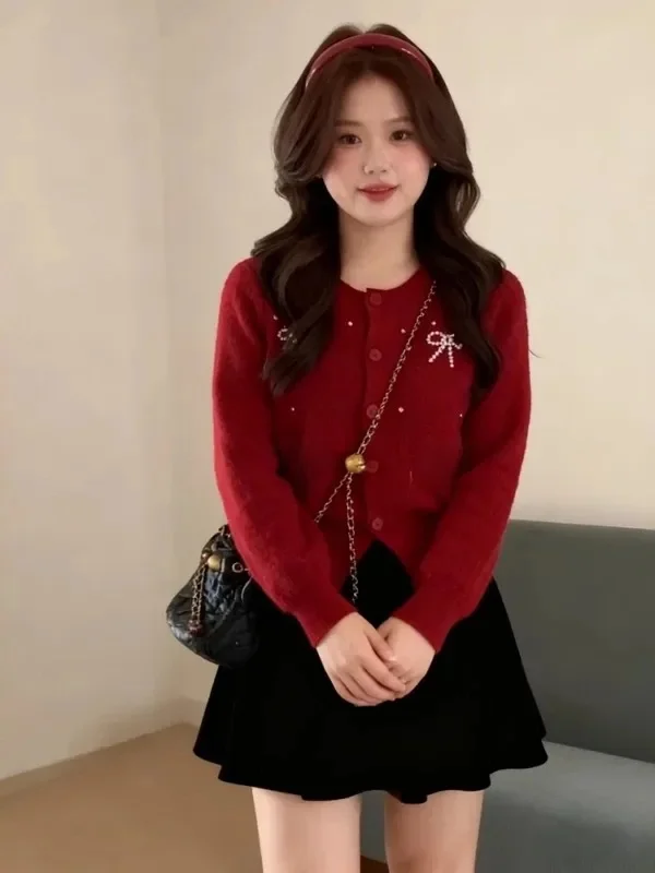 

Large Size Women's Red Bow Knot Beaded Knitted Open Cardigan Autumn Winter Lazy Sle Top Slimming Sweater Commute Sle