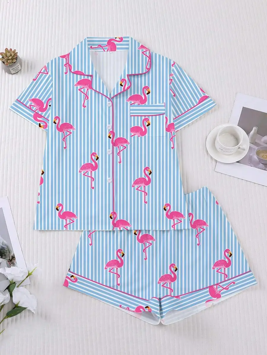 Conjunto de ropa de dormir de 2 piezas para mujer, camisa con cuello de botones y estampado de flamencos a rayas, pantalones cortos elásticos, ropa informal para el hogar y las vacaciones