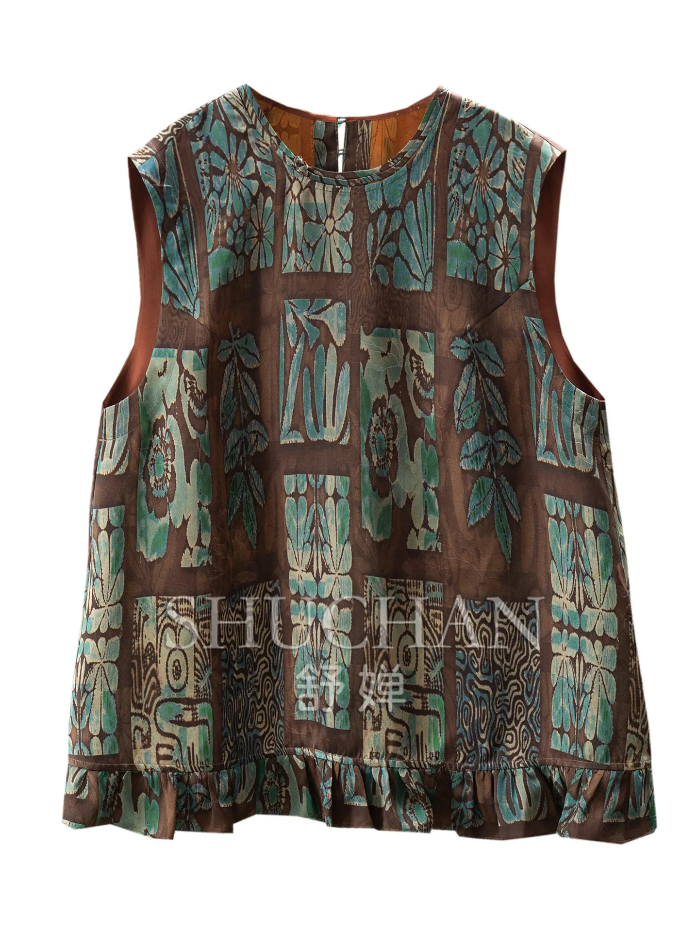 Ancient Painting Flower Description Tank Top Improved New Chinese Heavy Silk Fragrant Cloud Yarn Lotus Leaf Vest Shirt 86L5