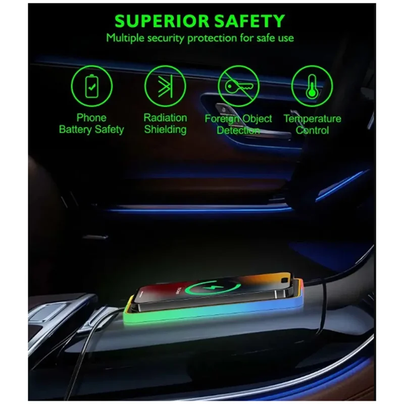 ABKI-車のワイヤレス充電器呼吸ライト付き RGB 車の滑り止めパッドワイヤレス充電部品に適しています