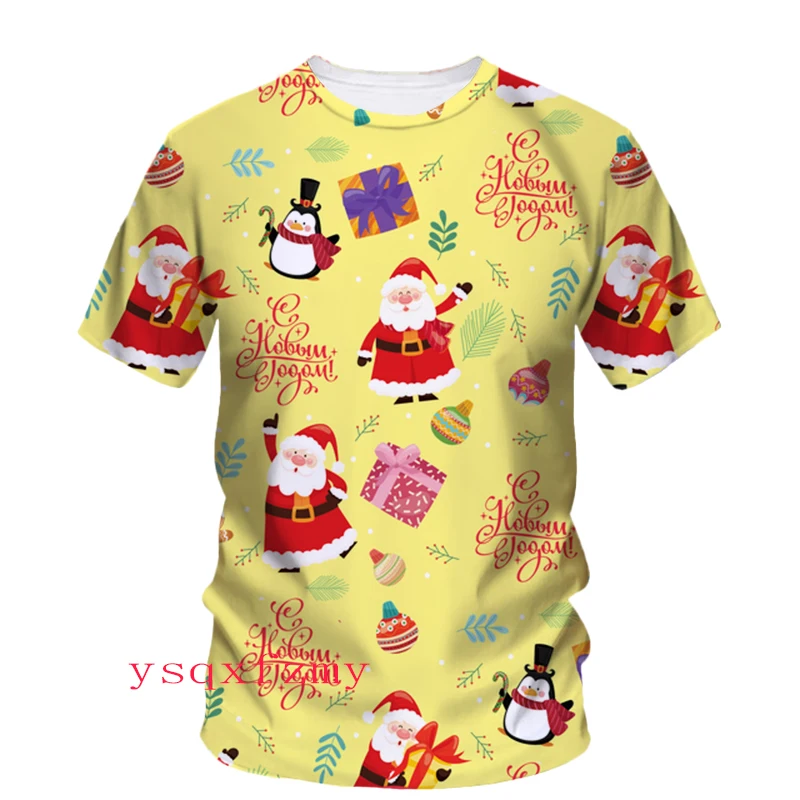 

Santa Gift Snowman Print T-shirt Fun 3D Holiday Party New Fashion Happy Crewneck Short Sleeve Men's T-shirt Women's Top Children