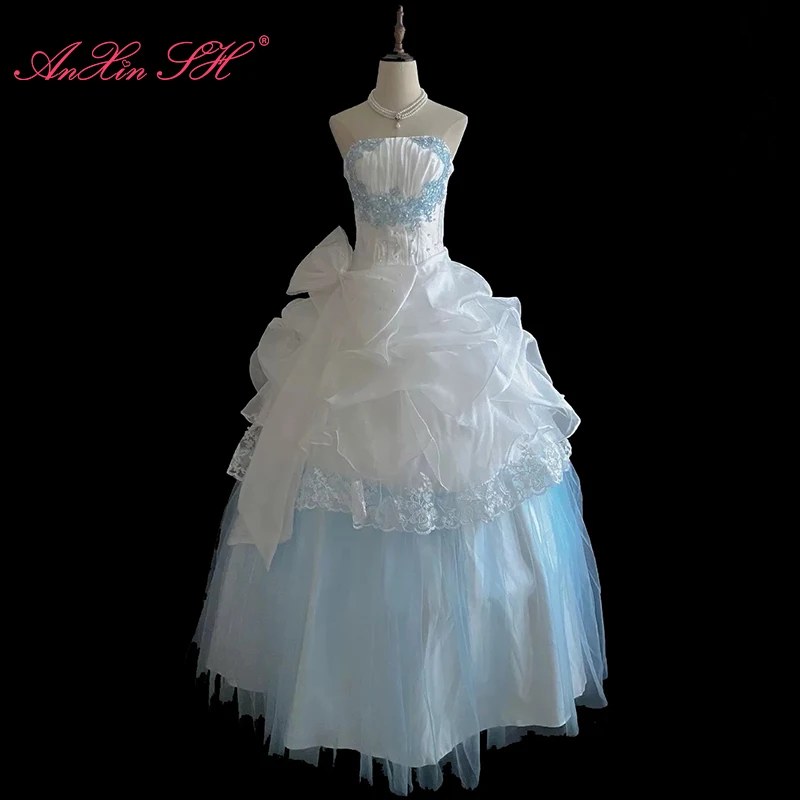 

AnXin SH vintage princess blue flower lace strapless big bow beading pearls lace up ruffles Antique customized wedding dress
