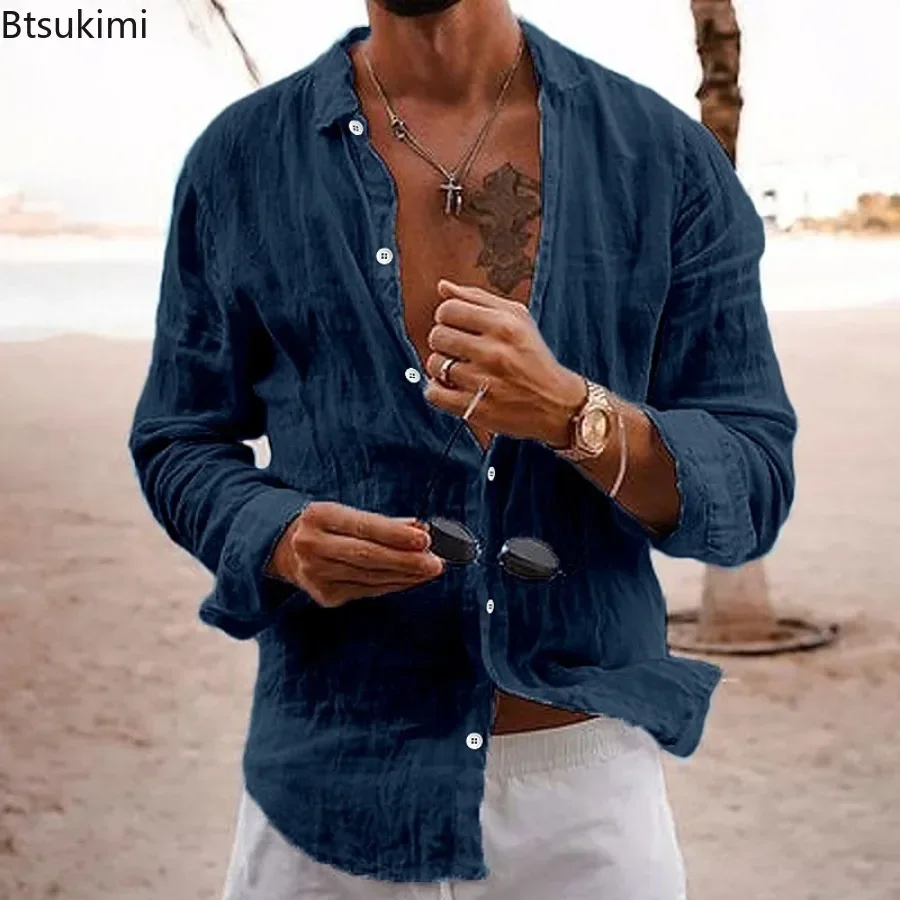 2024 Men's Beach Holiday Style Long Sleeve Casual Shirt Fashion Solid Loose Cotton Linen Breathable Lapel Tops Man Daily Blouses