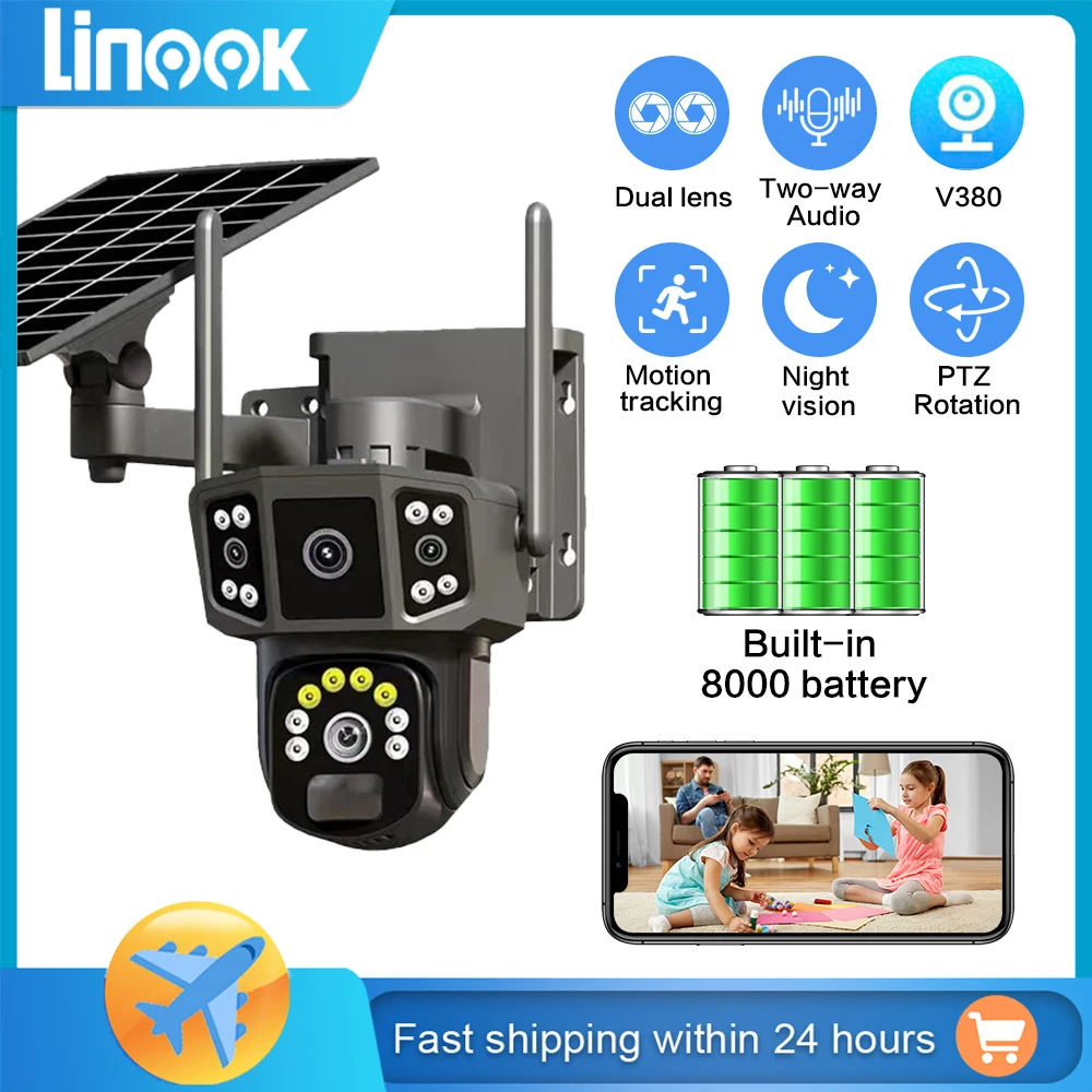 Linook V380 10X 4K dual lens,wireless WIFI solar closed-circuit television,outdoor security network camera,4G sim solar camera