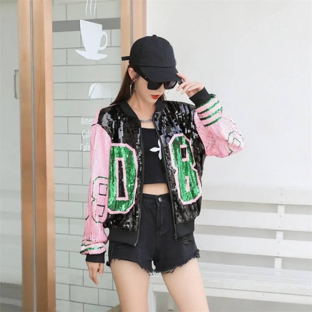 

Color-Matching Baseball Suit Jacket Sequins Hip Hop Loose Fit Casual Fashion Korean Style Spring Autumn National Brand
