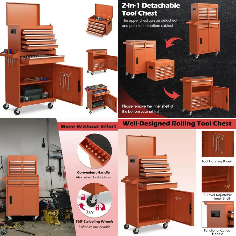 

5-Drawer Rolling Tool Cabinet with Detachable Top, Lockable Wheels, Lock Bar, Protective Features for Universal Storage Solution