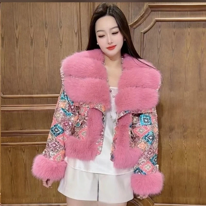 Outcoat The New Fur Cotton-padded Jacket Features Heavy Sequins Outerwear Sweet Faux Leather and A Stylish Thickened Fur Coat