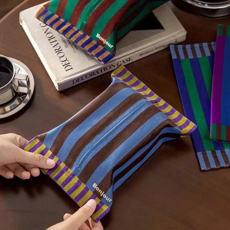 Retro Striped Napkin Holder Soft Short Plush Tissue Box Living Room Dining Table Decoration Tissue Case Kitchen Storage Bag Gift