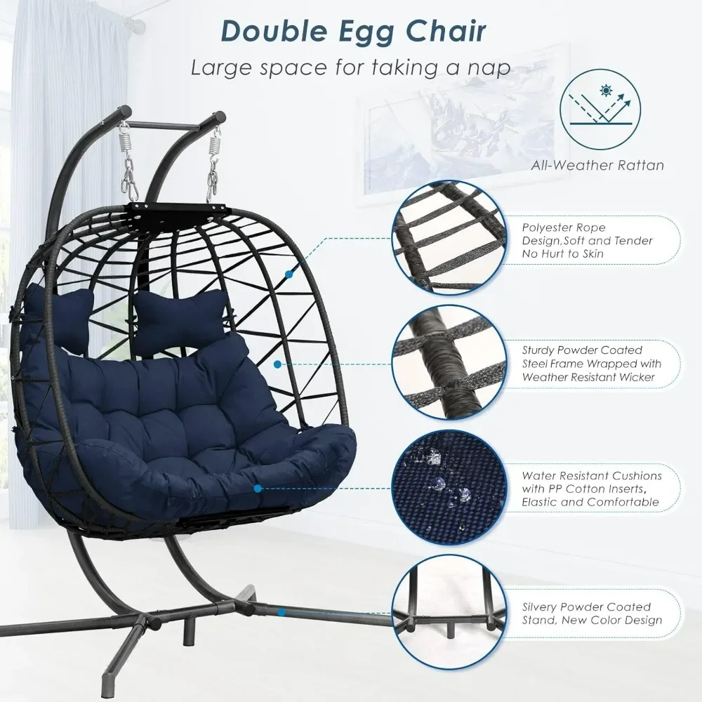 2 Person Hanging Chair with Stand Large Hanging Egg Shaped Chair Oversized Double Egg Patio Swing Chair Gray Rattan