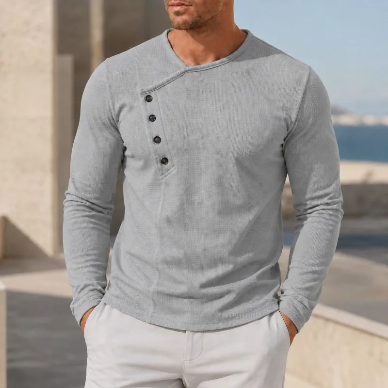 Men Autumn Waffle Knit Long Sleeve T Shirt Oblique Button Henley Shirt Loose Fitness Running Training Tops