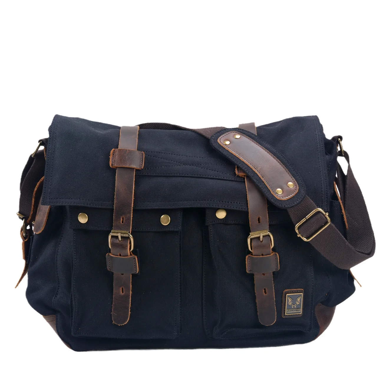 

Large capacity 17 inch computer satchel European and American retro canvas Crazy Horse cowhide men's mailman bag single shoulder