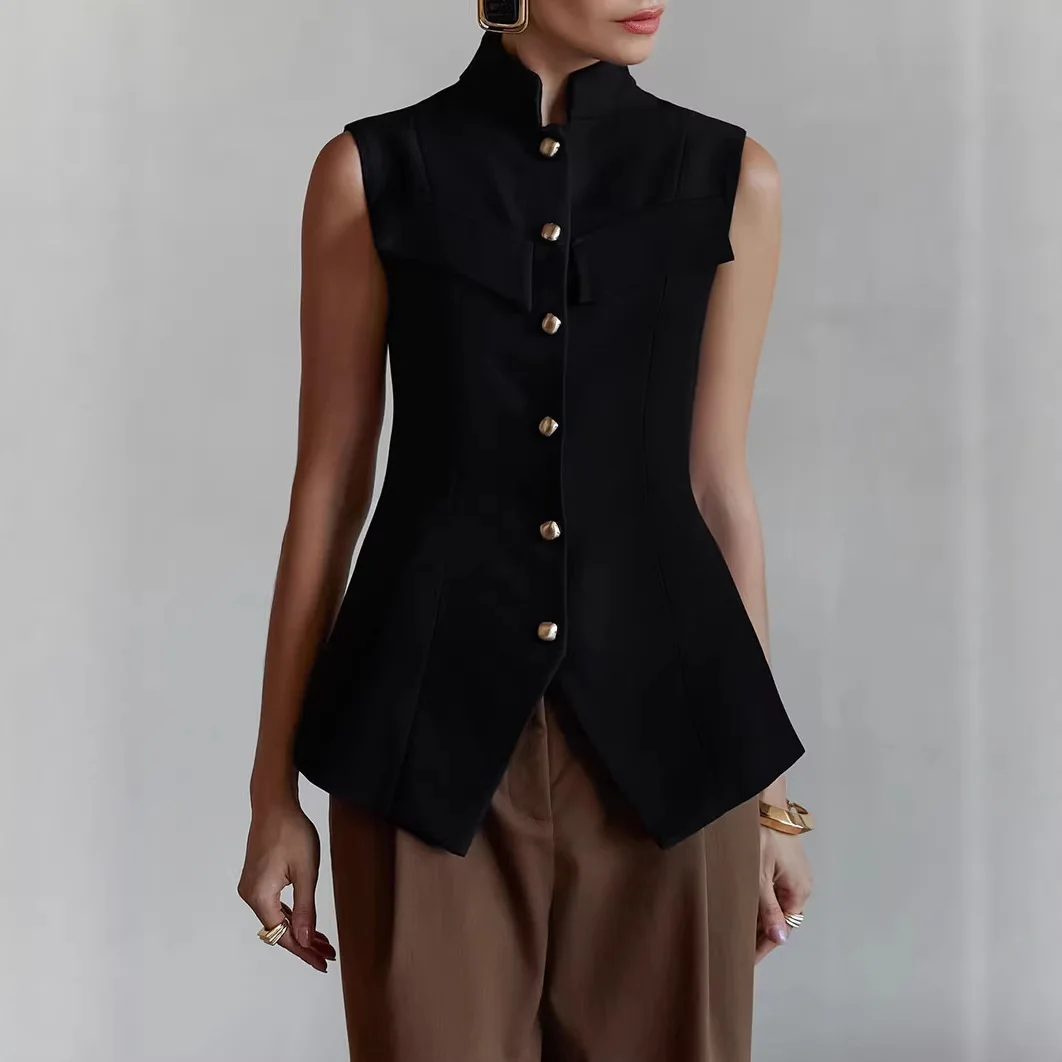 Women's Clothing 2026 Spring and Summer New Stand-up Collar Breasted Sleeveless Waist Split Temperament Top Vest