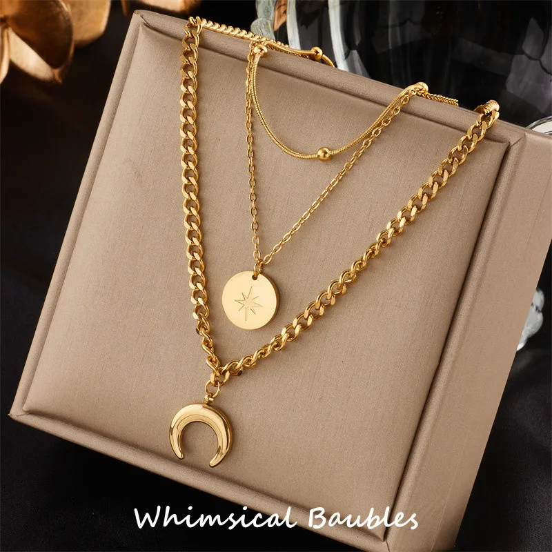 

2pcs Stainless Steel Gold Layered Star&Moon Pendant Necklace Pearl Statement Moon Clavicle Multilayer Locket Necklace for Women