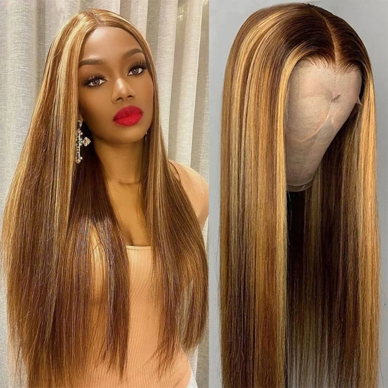 Straight Lace Front Human Hair Wig Ombre Brown Highlight Honey Blonde Color 4/27 Wig 13x6 Transparent Closure 180 Density Wigs