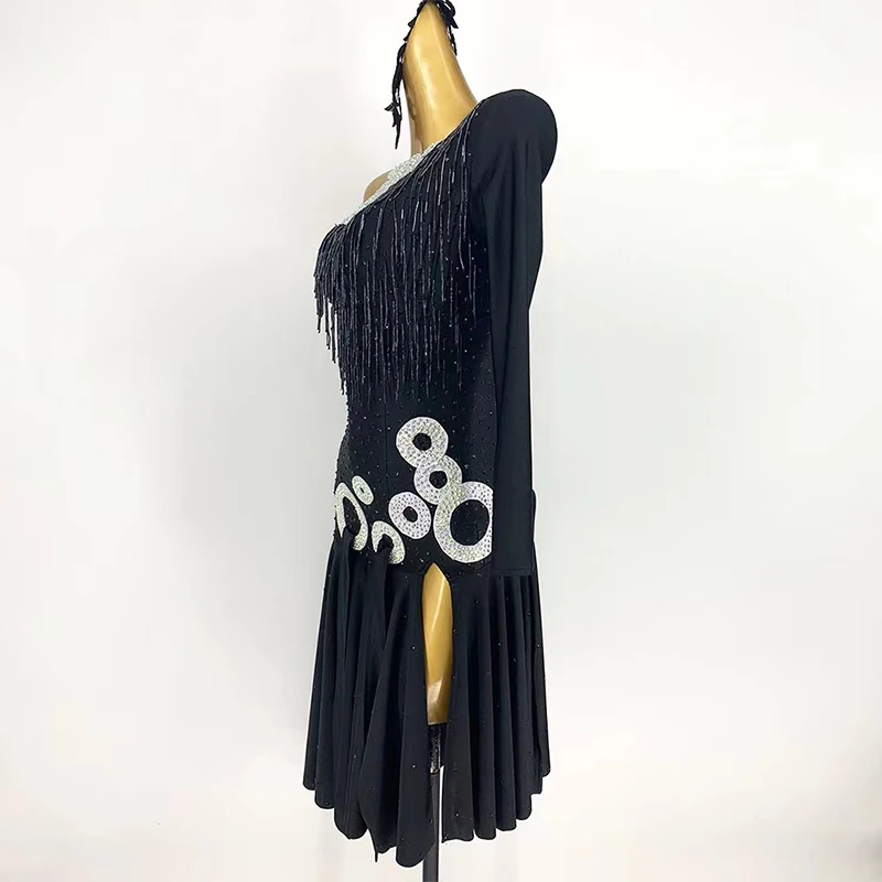 Falda latina con borlas negras para adultos, Rumba, Samba, Chacha, vestido de baile latino estándar personalizado, falda de baile latino profesional