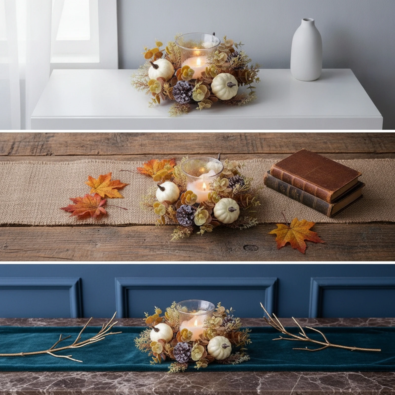 Wreath with Glass Holder Harvest Candle Circle Centerpiece Autumnal Wreaths Festive for Hosts, Tabletop, Thanksgiving view 5