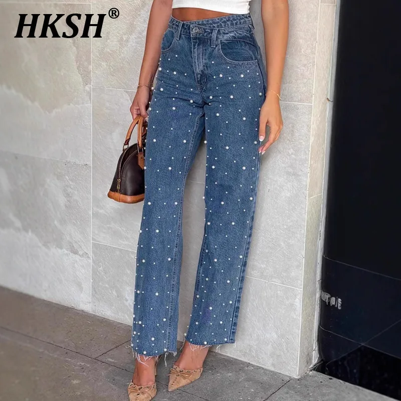 

HKSH Spring Summer New Women Y2K Tide Ins Streetwear Vintage Casual Diagonal Waist Cross Nail Bead Straight Fringed Jeans HK5187