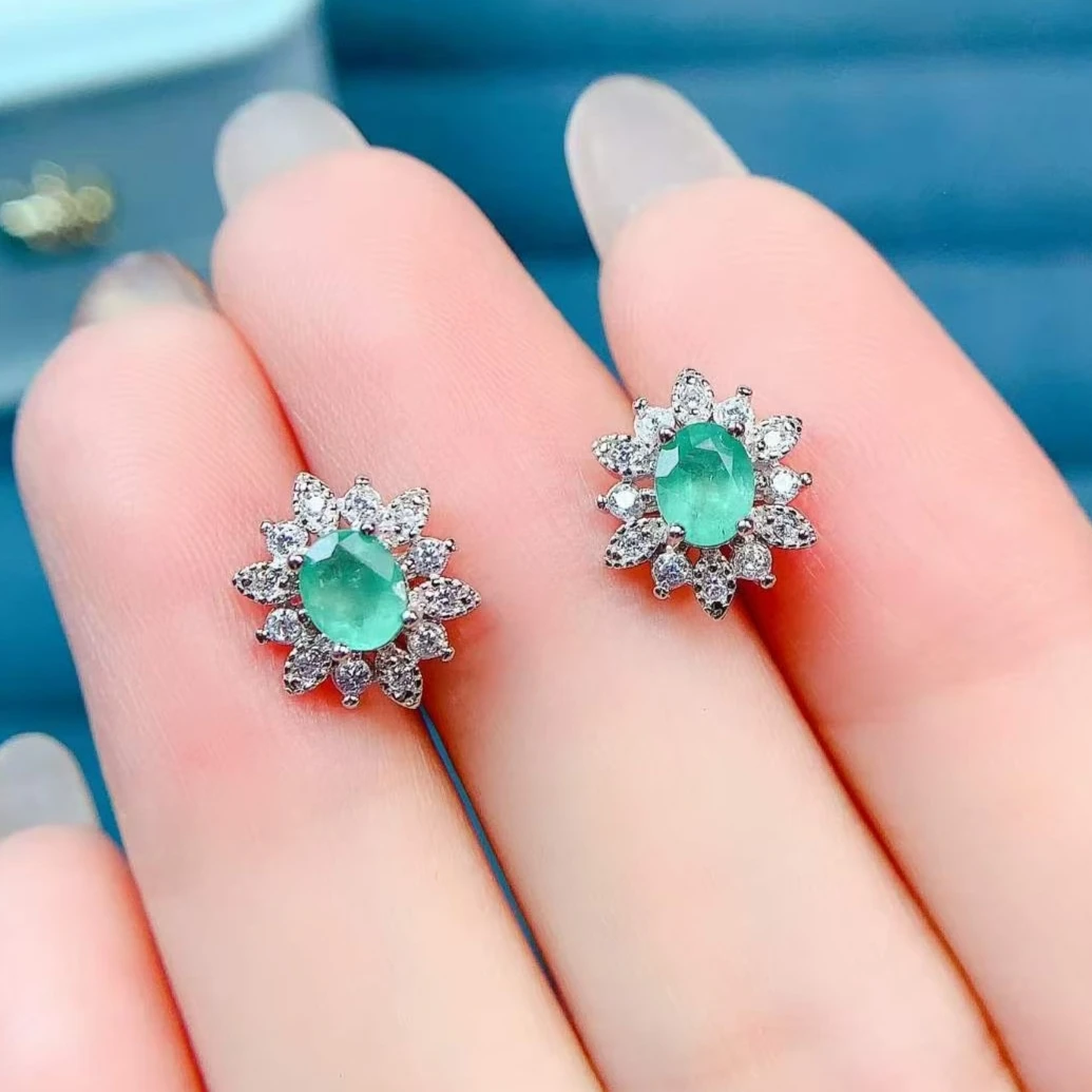 Halo Design 925 Silver Gemstones Earrings 4x5mm Natural Emerald Earrings with Certificate Gold Plated Silver Emerald Jewelry