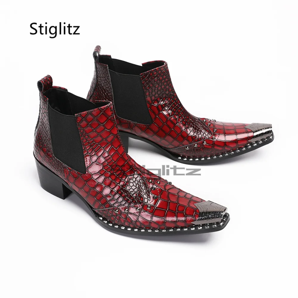 

Men's Red Crocodile Print Genuine Leather Chelsea Boots Metal Pointed Toe Rivets High Heel Slip On Ankle Boots Wedding Shoes