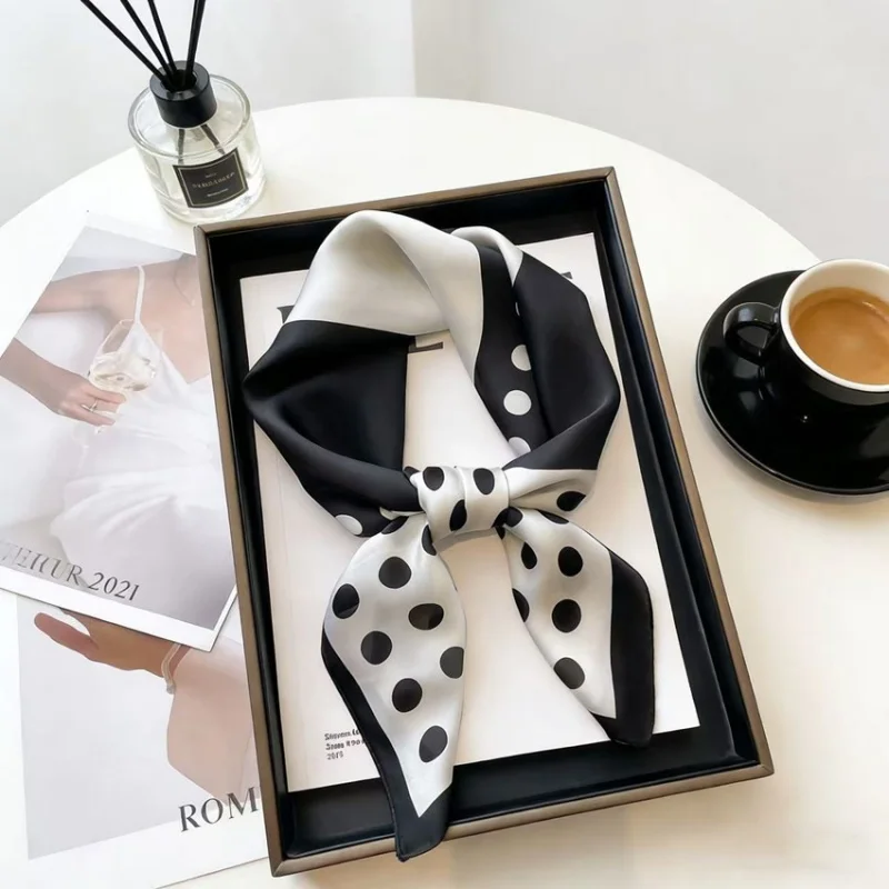 

Vintage Silk Square Scarf Hijab Classic Black White Satin Bandana Summer Beach Getaway Hair Tie Bag Charm Wrist Wrap for Women
