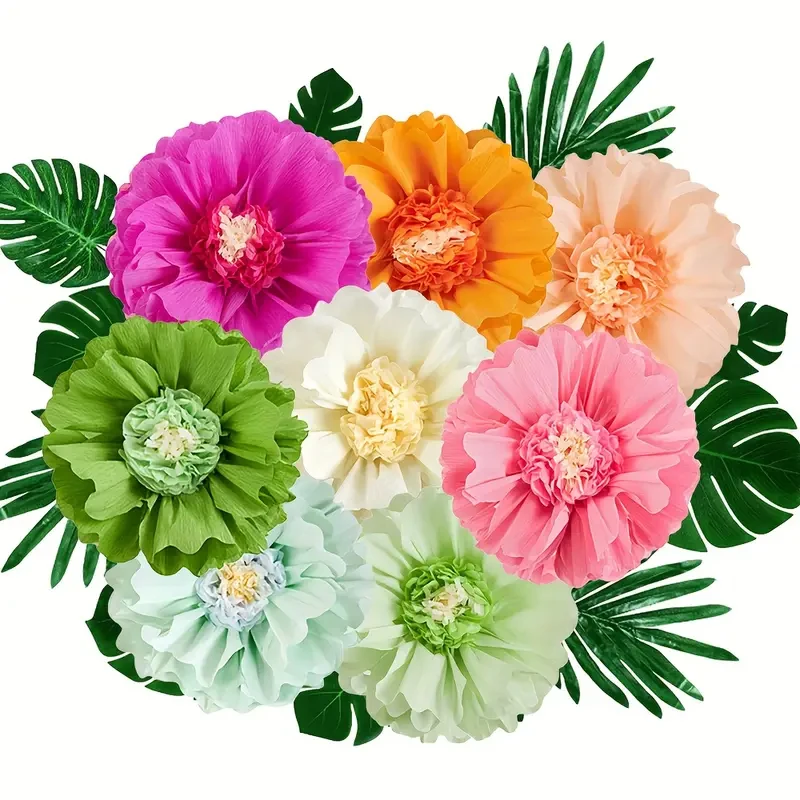 16 piezas de flores de papel grandes y hojas tropicales artificiales, flores de papel coloridas 3D gigantes de 25 pulgadas, plantas verdes falsas adecuadas para la jungla, fiesta hawaiana, cumpleaños, boda, decoración de barbacoa, bolas de papel coloridas clásicas