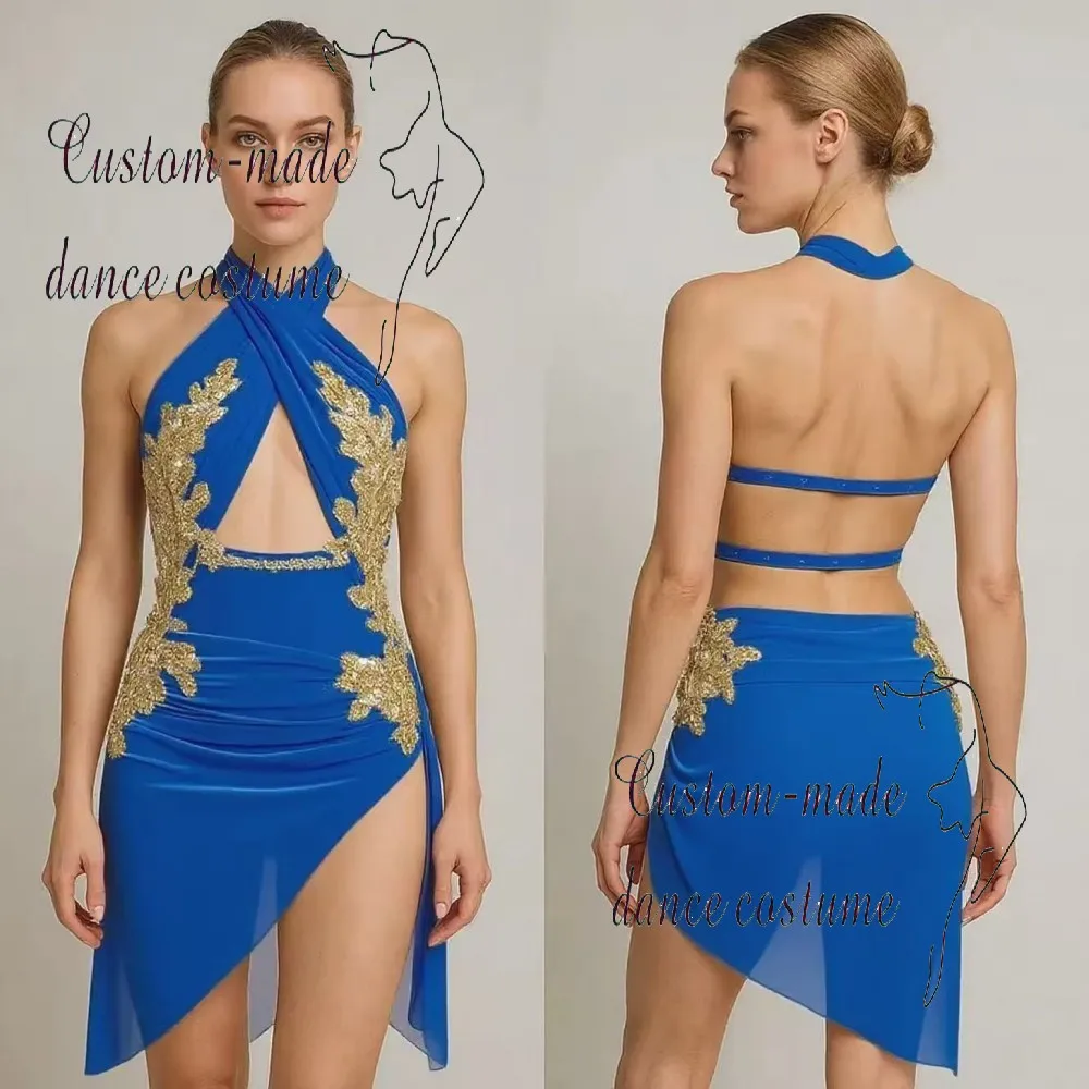 Beżowy strój taneczny na zamówienie, ozdobiony złotymi cekinami, odpowiedni na zawody sceniczne dla dziewcząt i profesjonalistów.