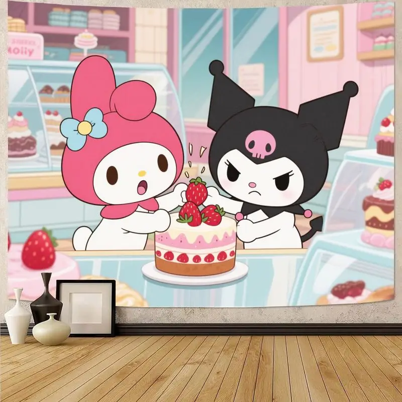 

1 шт. Sanrio My Melody Kuromi Dessert Shop Гобелен для выпечки торта Kawaii Полиэстер Настенное искусство Спальня Гостиная Декор Подарок для фанатов
