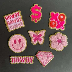 Pink Chenille Patches with Golden Edged Flower,Butterfly,HOWDY Letter Badges Iron On Embroidered Patch Sew on Clothes Stickers