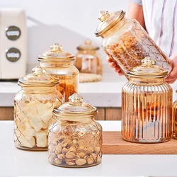 Creative Grid Glass Storage Jar Amber Sealed Glass Bottle Grain Food Storage Container Home Biscuits Candy Jar Home Decoration