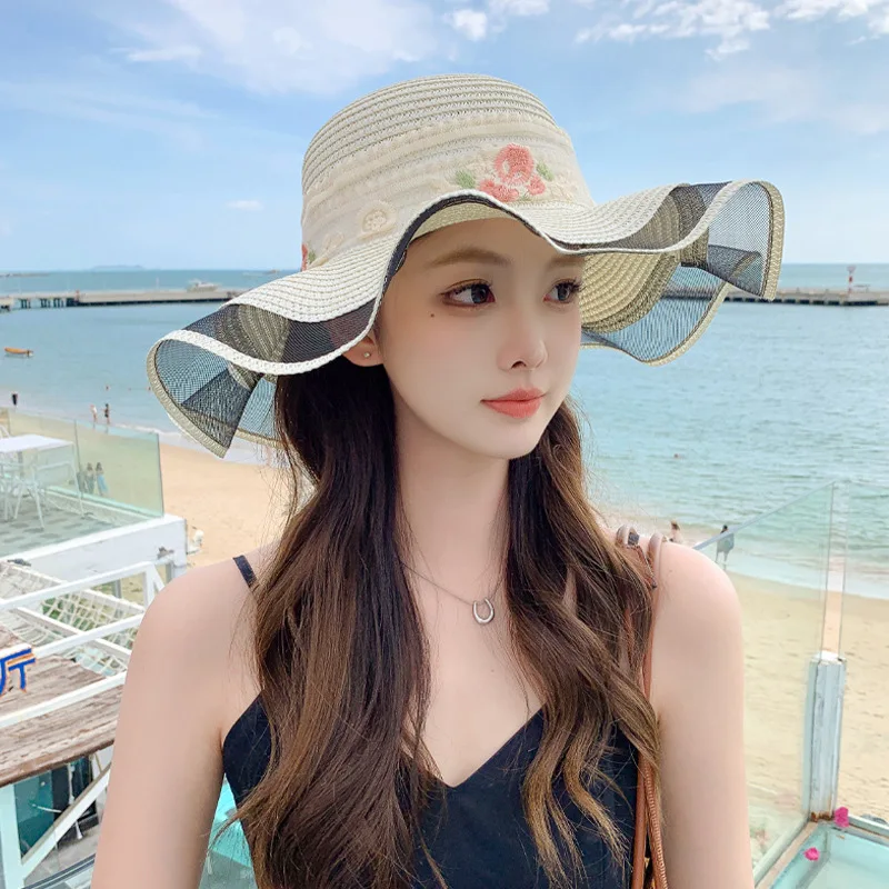 

Korean summer new women's hat with ribbon, breathable straw hat for travel, large-brim sun hat for sun protection