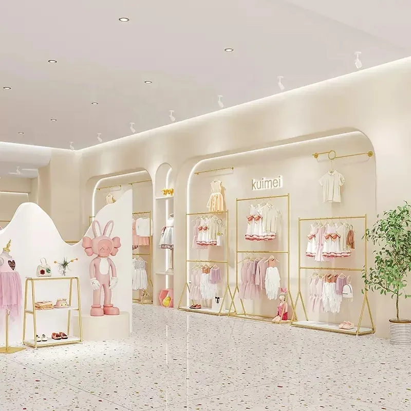 Customize.Retail Store Fixture Hanging Clothes Custom Lady Shop Design Metal Gold Clothing Dress Display Rack