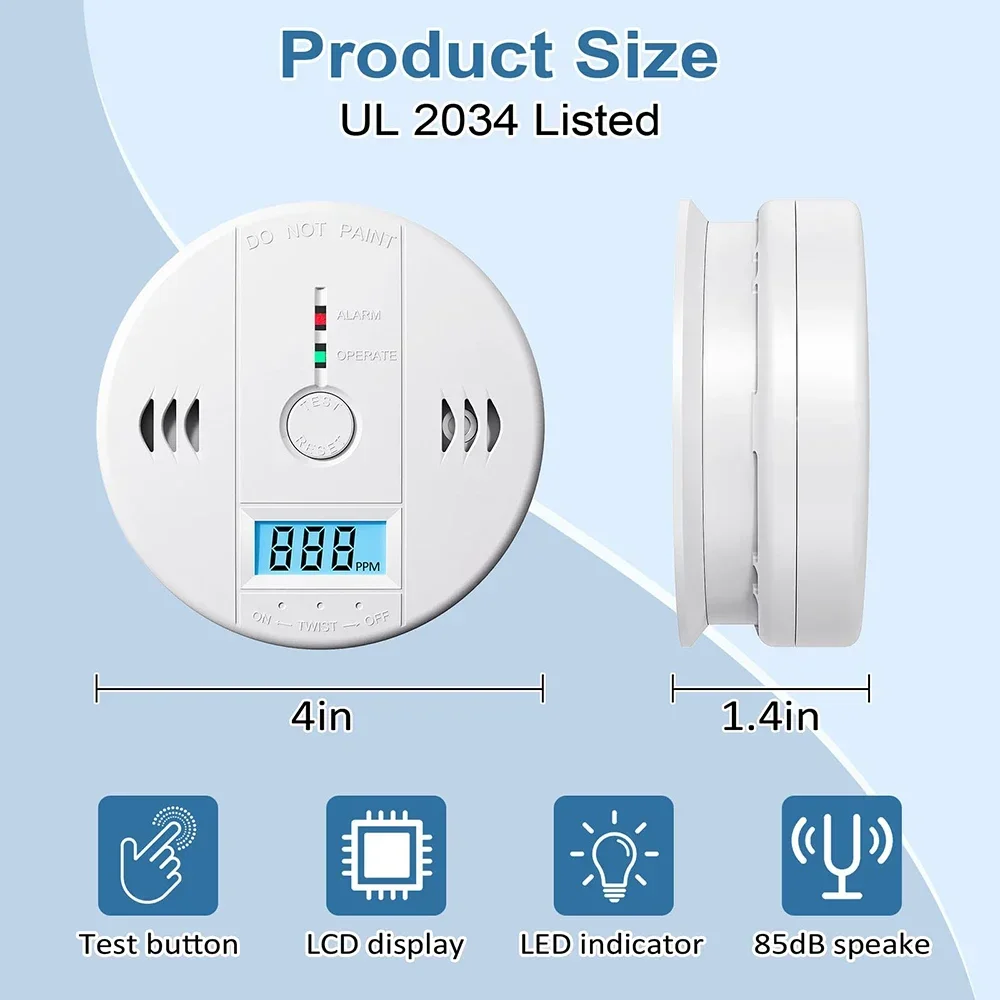 Karbon Monoksit Dedektörleri Akülü CO Alarmı, Ev Mutfak Restoran Otel Ofisi için LED Dijital Ekran Test Düğmesi ile