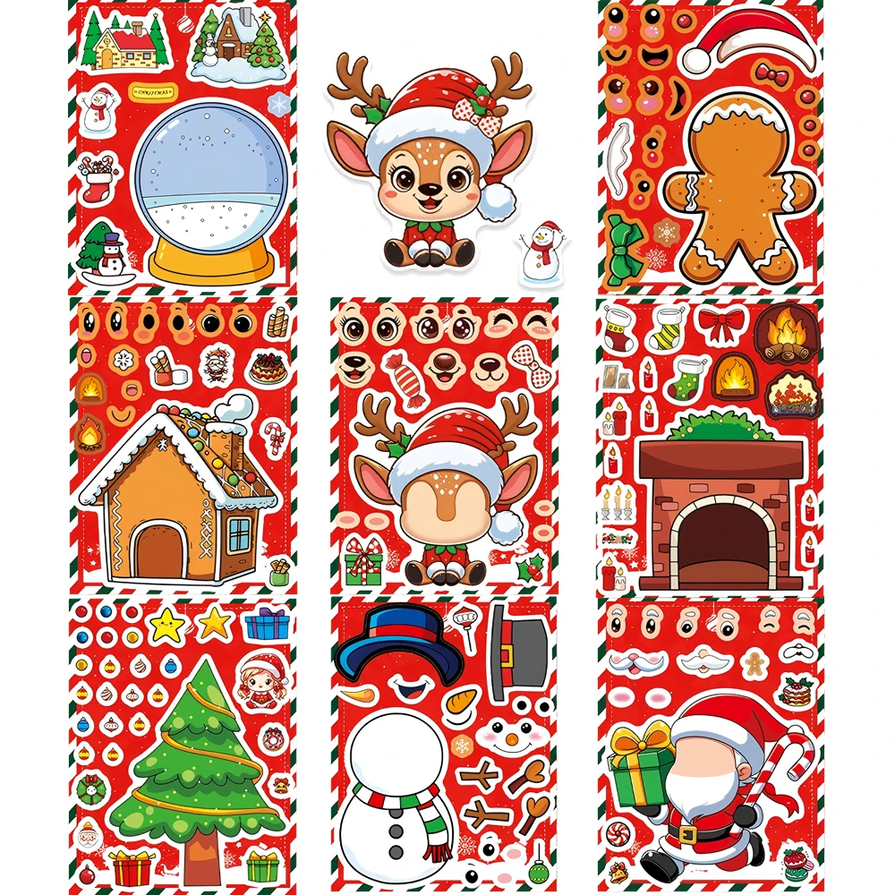 8/16 Blatt Weihnachtsfeier-Puzzlespiele-Aufkleber für Kinder, Weihnachtsmann, Schneemann, Make a Face, Aufkleber, Partygeschenke, Spielzeug, Geschenk, Dekoration