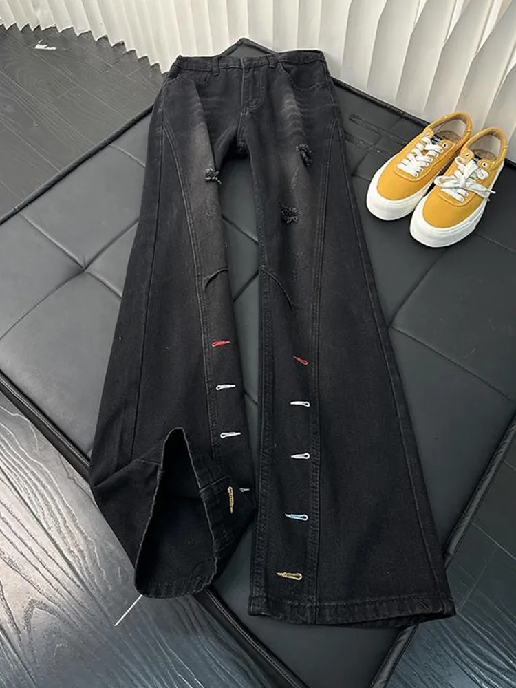 Cleanfit American Style Embroidered Ripped Jeans Men's High Street Vibe Washed out Tapered Jeans Summer Wear Resistant