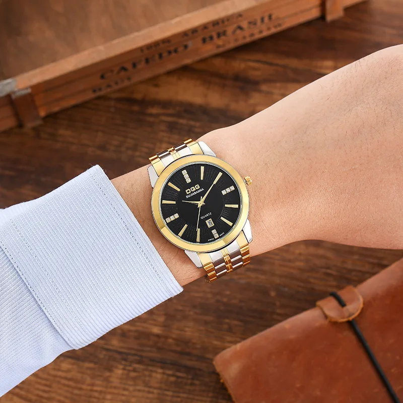 

Мужские часы из нержавеющей стали с золотым покрытием, инкрустированные бриллиантами, с календарем, минималистичные мужские часы