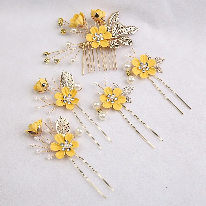 5Pcs/Set Bridal Hair Accessories for Women Flower Pearl Headpiece Tiara Wedding Barrette Clip Hairpins Bride Hair Combs Ornament image 3