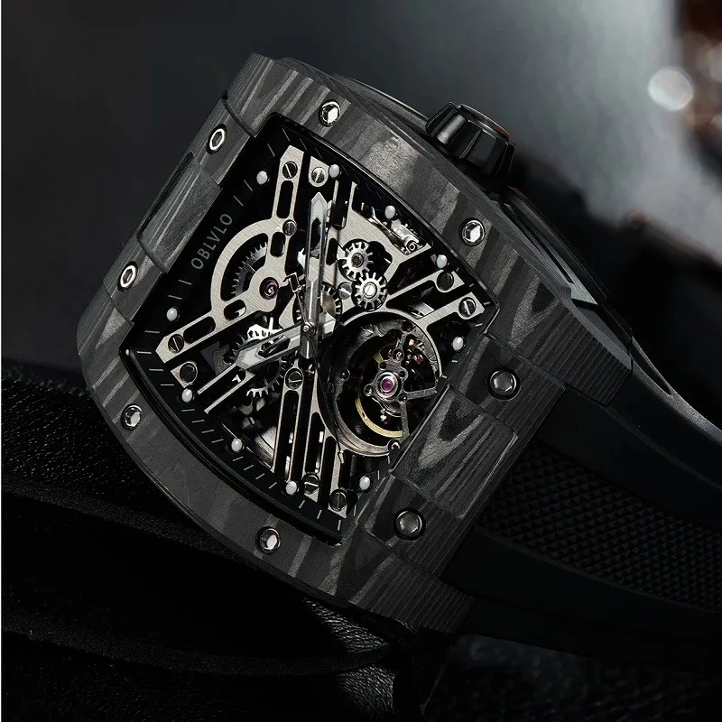 Oblvlo For Men Watch Skeleton Automatic Mechanical Wristwatch Carbon Fiber Tonneau Case Male Clock 64 Hours Power Reserve Reloj