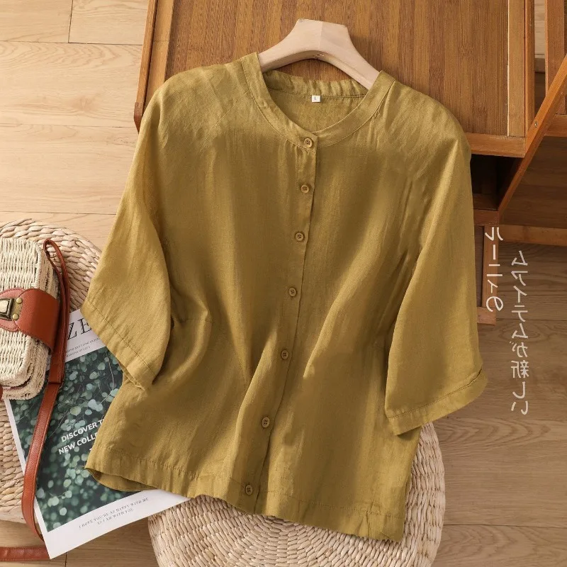 Summer 2024 Women\'s Blouses O-Neck Vintage Patchwork Button Fashion Solid Color Elegant Loose Casual Short Sleeved Shirts