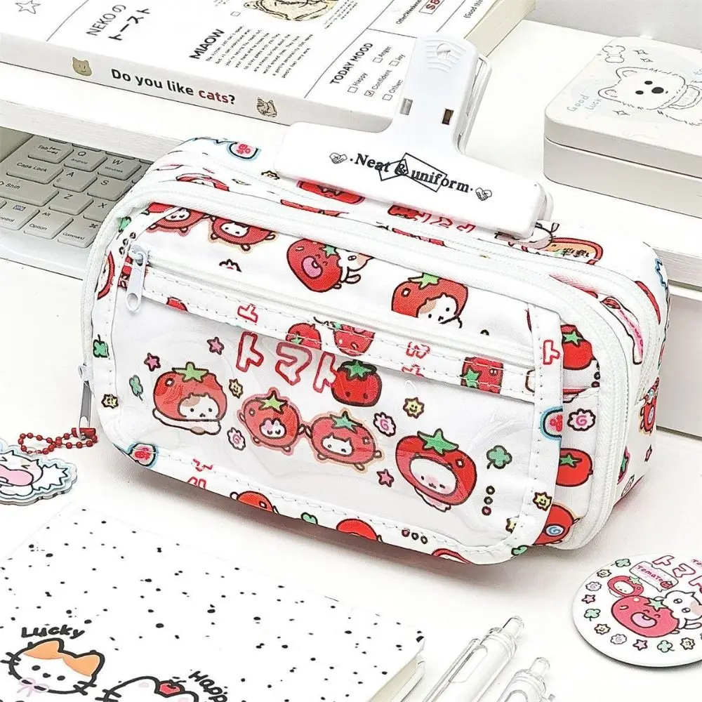Flip Design Pen Bag Multilayer Large Capacity Pencil Case Tomato Kitten Pattern Multifunctional Stationery Storing Bag