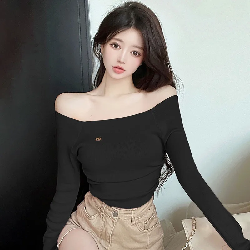 Autumn Off Shoulder Women\'s Top Knitted Long Sleeves Base Shirt Solid Color T Shirt Sexy Crop Tops