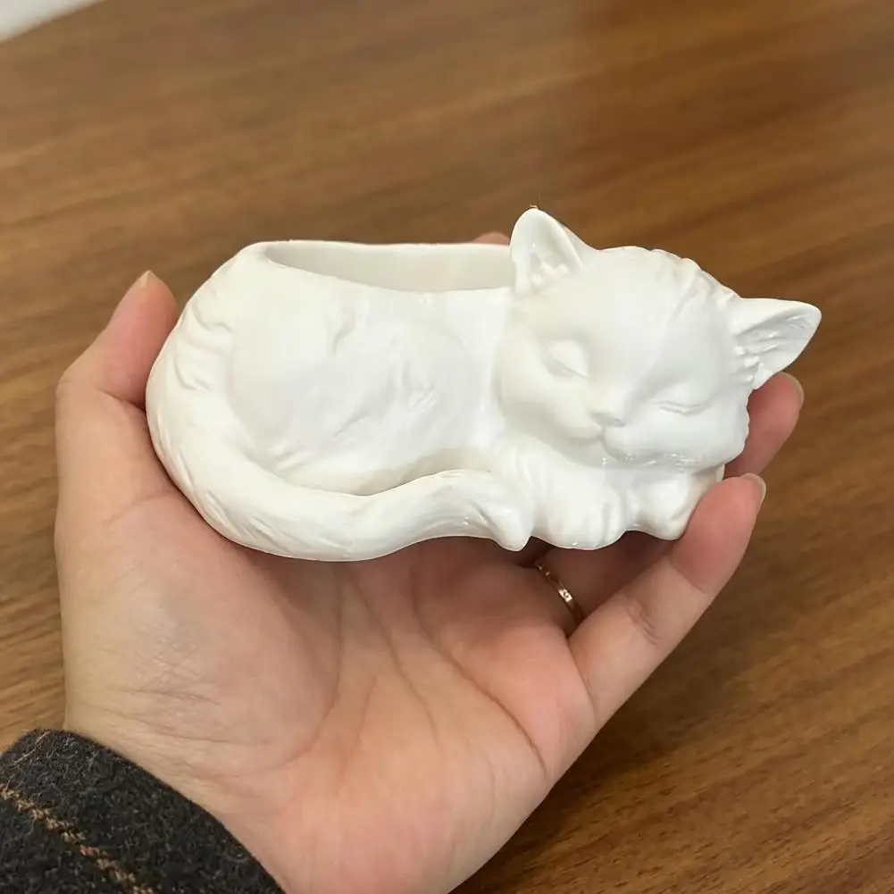 White Matte Flowerpot 3d Printed Cat Flowerpot Mini Desktop Planter for Succulents Decorative Small Green Plant Holder Unique
