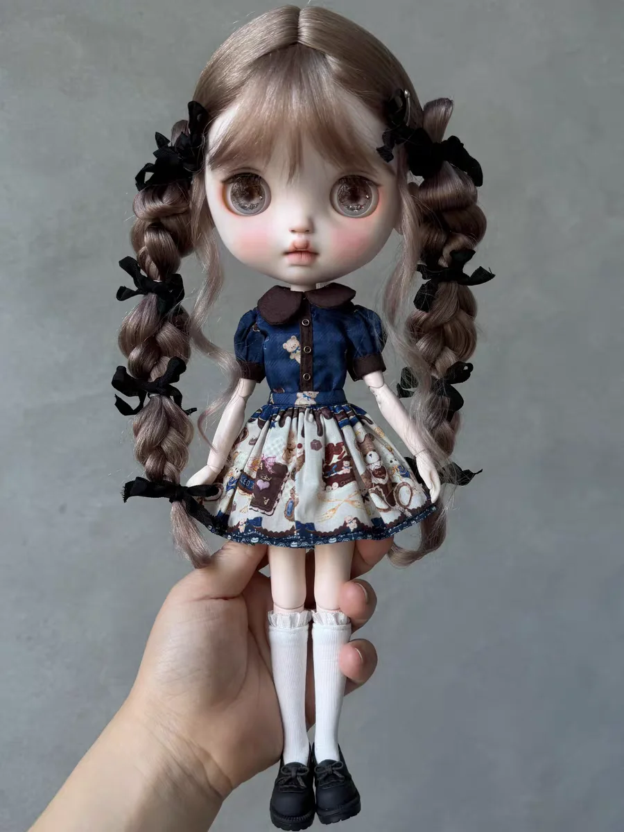 Blythe doll dress, blue short sleeved shirt+teddy bear skirt, 2-point or red checkered college style dress, women's doll dress